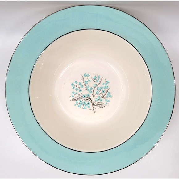 Sevron Blue Lace Round Vegetable Serving Bowl 9 5/8” Silver Trim 1950's - Picture 3 of 7